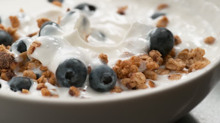 Vanilla yogurt with granola and blueberries.