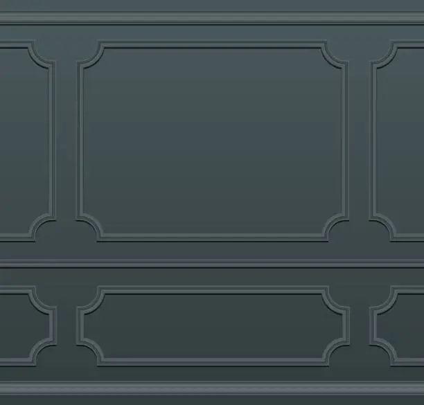 Vector illustration of Vector illustration dark wall decorated with moulding panels. Realistic empty navy blue room wall background with decorative molding on wall in classic style. Seamless vector background.