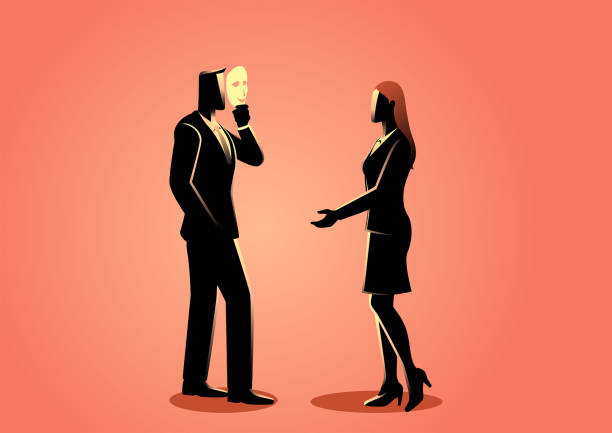 ilustrações, clipart, desenhos animados e ícones de homem falando com uma mulher usando uma máscara - mask hiding women dishonesty