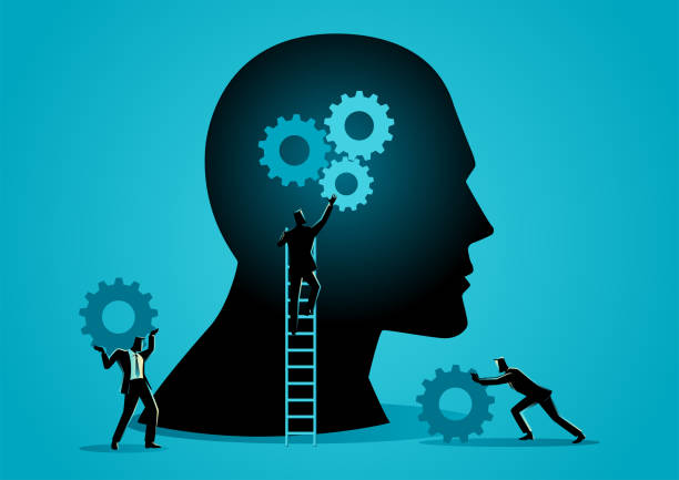 Businessmen working together to set gears in human head Businessmen working together installing gears in human head, business initiative, mindset improvement concept adjusting stock illustrations