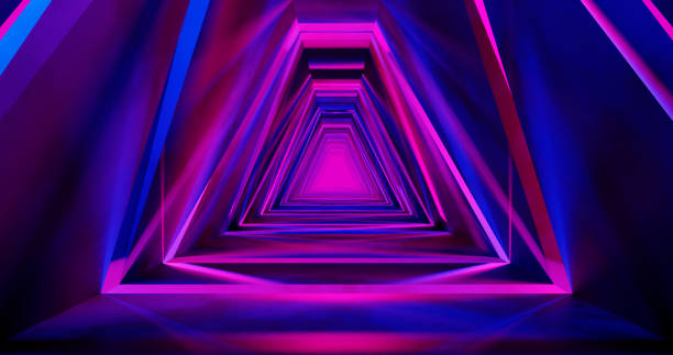 istock 3d render. Geometric figure in neon light against a dark tunnel. Laser glow. 1353773328