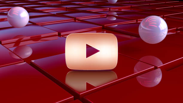 icona dorata di youtube play con le scatole di lusso rosse e le sfere bianche. illustrazione 3d di lux golden player, youtube, media, video, web, icona di riproduzione impostata sullo sfondo geometrico rosso. - youtube foto e immagini stock