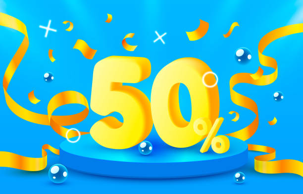 istock 50 Off. Discount creative composition. 3d sale symbol with decorative objects, golden confetti, podium and gift box. Sale banner and poster. Vector 1353775867