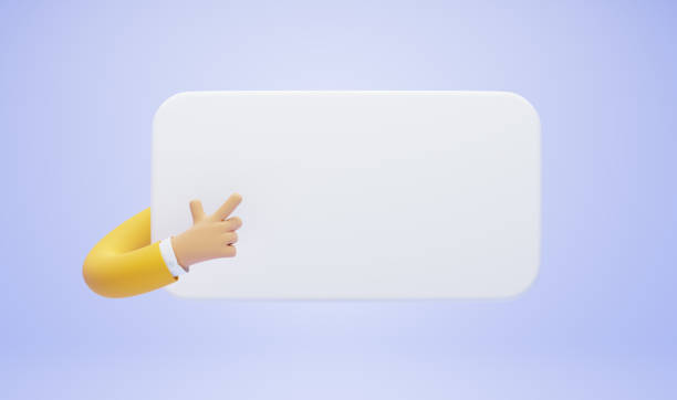 empresário de personagem de desenho animado de mão flexível em manga amarela apontando o dedo na maquete de banner vazio, mostra a bordo, cartaz ou mensagem. arte de clipe engraçado isolada em fundo roxo, renderização 3d - info board - fotografias e filmes do acervo