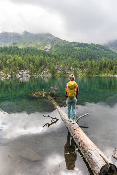 istock Young woman walks on tree trunk above alpine lake 1353780039