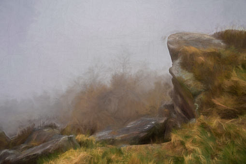 Digital oil painting of a temperature inversion at The Roaches at sunrise during spring in the Staffordshire, Peak District National Park, UK.