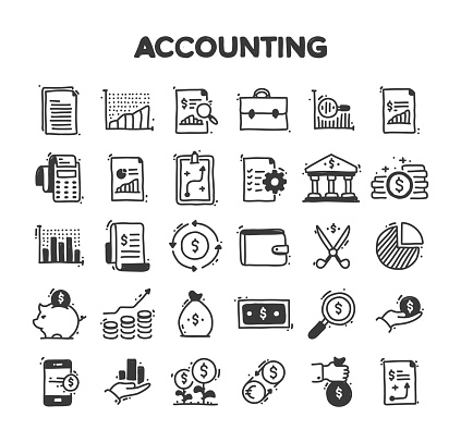 Accounting Related Hand Drawn Vector Doodle Icon Set