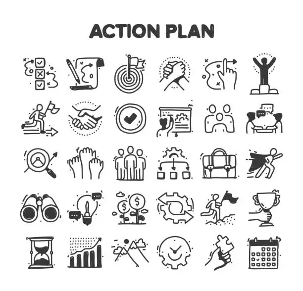 Vector illustration of Action Plan Related Hand Drawn Vector Doodle Icon Set