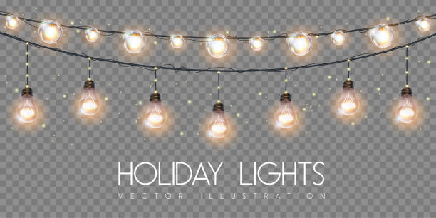 ilustrações de stock, clip art, desenhos animados e ícones de vector garlang of gold or yellow lamps on transparent background. holiday string of lights vector illustration - twinkle lights