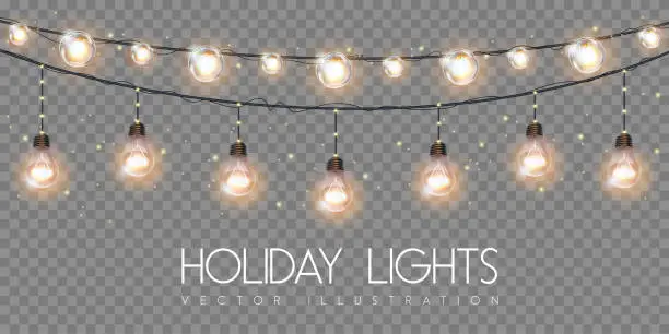 Vector illustration of Vector garlang of gold or yellow lamps on transparent background. Holiday string of lights vector illustration