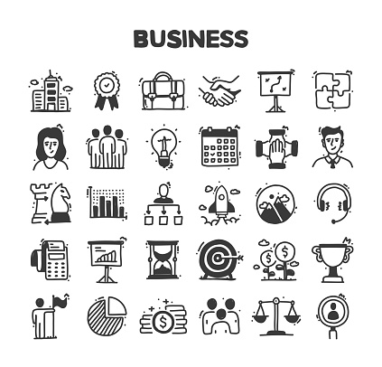 Business Related Hand Drawn Vector Doodle Icon Set