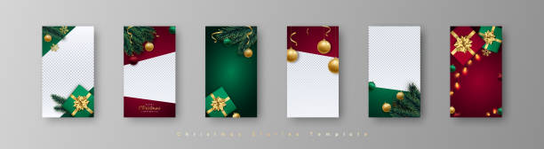 stockillustraties, clipart, cartoons en iconen met 6 christmas trendy editable template for instagram stories. realistic gift boxes, baubles, stars and garlands. design for social media. - houten paal