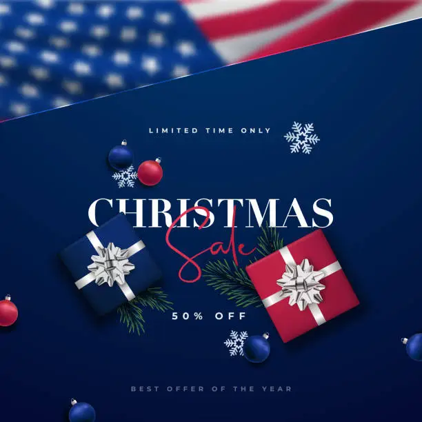 Vector illustration of Modern Merry Christmas Sale design template with blured US flag. Xmas composition top view. Vector promo banner.