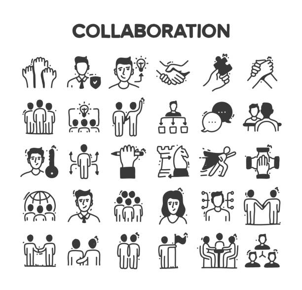 ilustraciones, imágenes clip art, dibujos animados e iconos de stock de colaboración relacionada con el conjunto de iconos de garabato vectorial dibujado a mano - agreement businesswoman togetherness opportunity