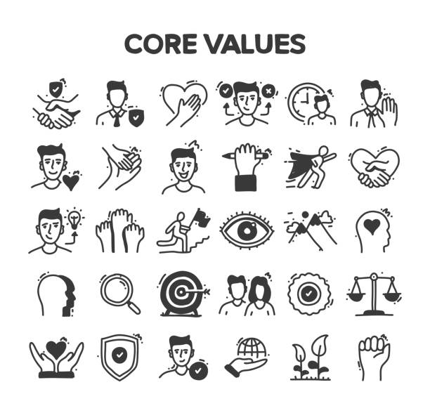 ilustrações de stock, clip art, desenhos animados e ícones de core values related hand drawn vector doodle icon set - simple living