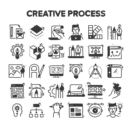 Creative Process Related Hand Drawn Vector Doodle Icon Set