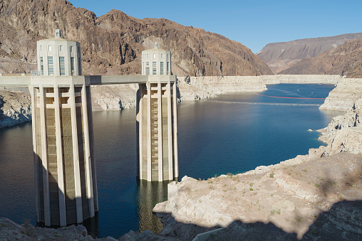 A view of Hoover Dam taking on November of 2021 showing the worrisome low water level.