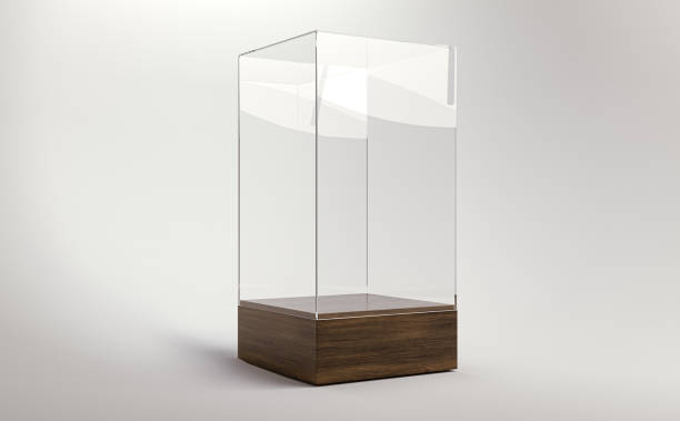 Glass Display Case An empty square glass display case with a wooden base on an isolated white studio background - 3D render museum stock pictures, royalty-free photos & images
