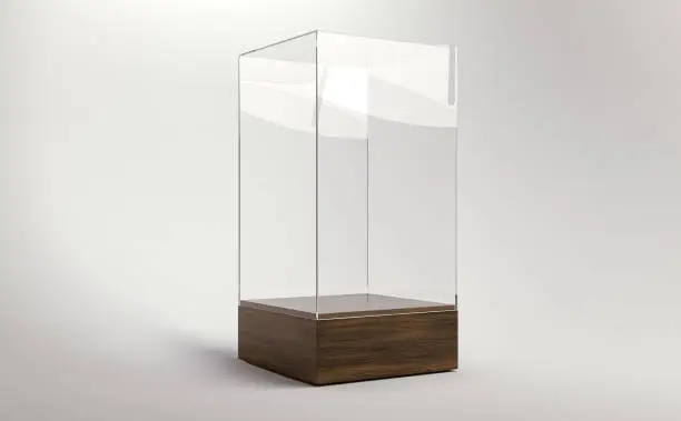 An empty square glass display case with a wooden base on an isolated white studio background - 3D render