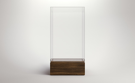 An empty dome glass display case with a wooden base on an isolated white studio background - 3D render