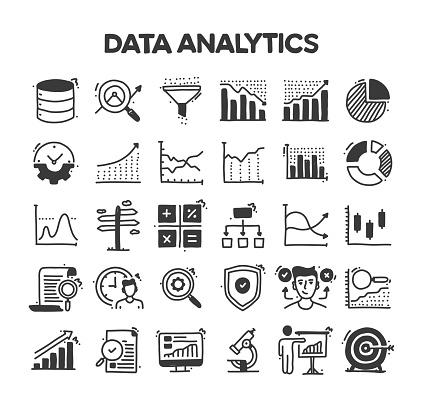 Data Analytics Related Hand Drawn Vector Doodle Icon Set
