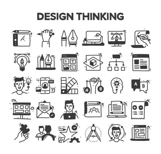 Vector illustration of Design Thinking Related Hand Drawn Vector Doodle Icon Set