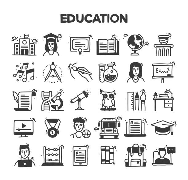 edukacja związane z ręcznie rysowanym zestawem ikon wektorowych doodle - teaching music learning sign stock illustrations
