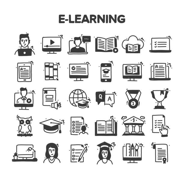 e-learning-bezogenes handgezeichnetes vektor-doodle-icon-set - teaching music learning sign stock-grafiken, -clipart, -cartoons und -symbole