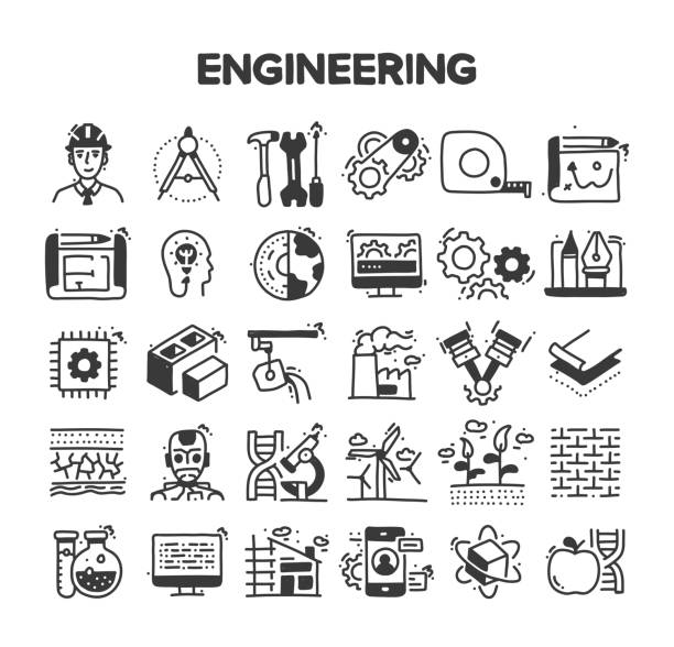 ilustraciones, imágenes clip art, dibujos animados e iconos de stock de conjunto de iconos de garabatos vectoriales dibujados a mano relacionados con la ingeniería - drawing compass machine part engineering plan
