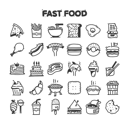 Fast Food Related Hand Drawn Vector Doodle Icon Set