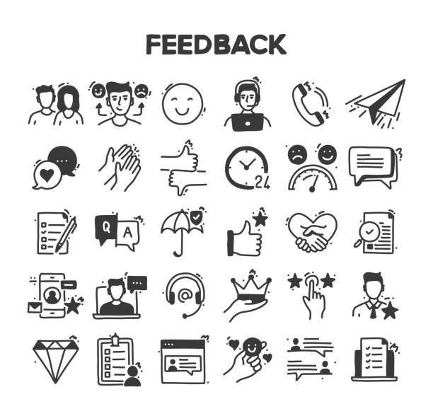피드백 관련 핸드 그린 벡터 낙서 아이콘 세트 - satisfaction computer icon customer service representative symbol stock illustrations