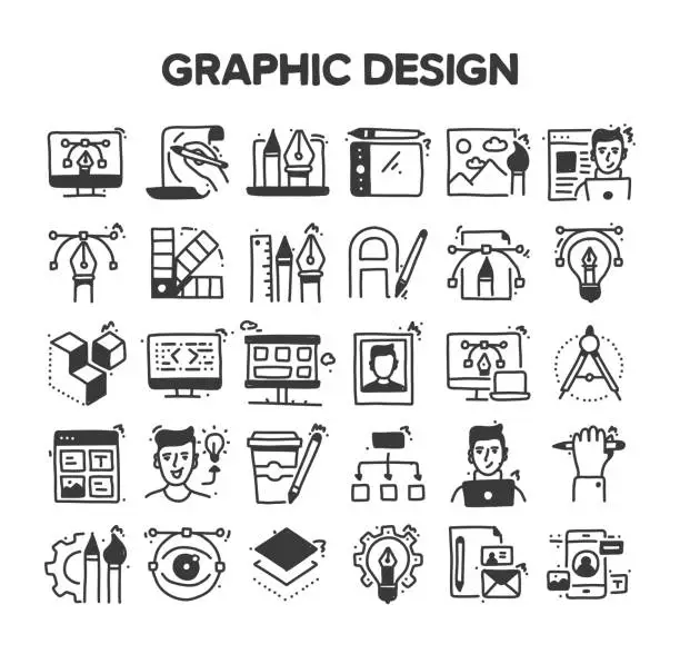 Vector illustration of Graphic Design Related Hand Drawn Vector Doodle Icon Set