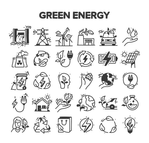 グリーンエネルギー関連手描きベクトル落書きアイコンセット - alternative energy global warming wind turbine biofuel点のイラスト素材／クリップアート素材／マンガ素材／アイコン素材
