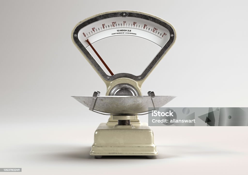 Vintage Food Scale A vintage grocery shop food scale from the 60's on an isolated white studio background - 3D render Weight Scale Stock Photo