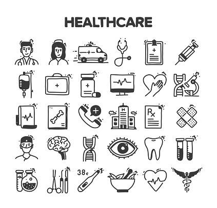 Healthcare Related Hand Drawn Vector Doodle Icon Set