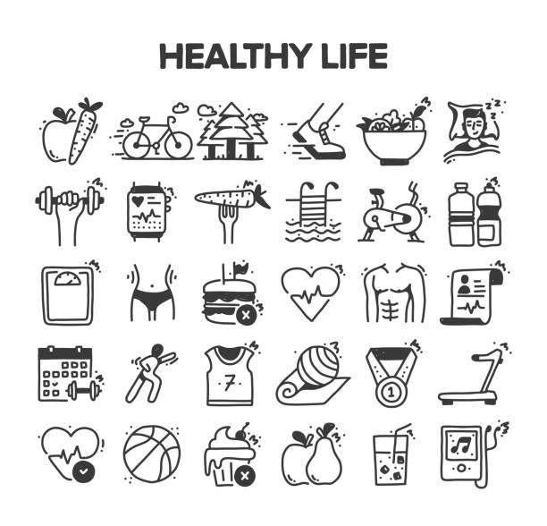 ilustrações de stock, clip art, desenhos animados e ícones de healthy life related hand drawn vector doodle icon set - sports equipment illustrations