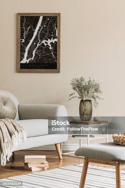 Modern Composition Of Living Room Interior With Brown Mock Up Poster Frame Design Retro Commode Sofa Bookstand Rattan Basket With Plant And Elegant Accessories Template Stylish Home Staging Stock Photo - Download Image Now