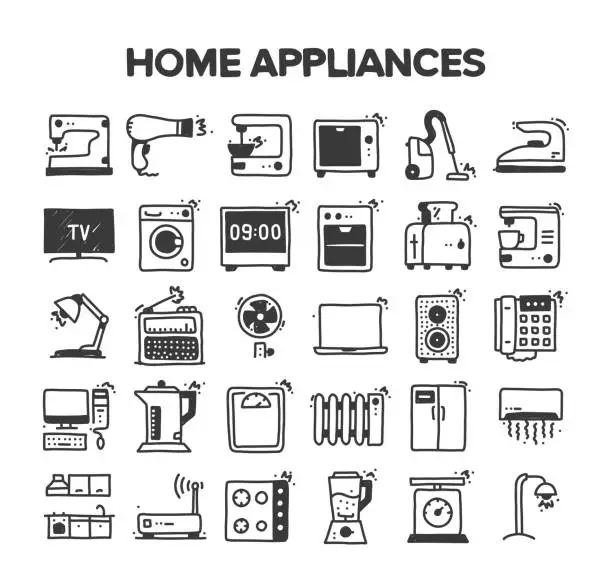 Vector illustration of Home Appliances Related Hand Drawn Vector Doodle Icon Set