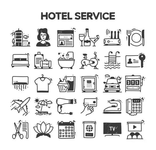 Vector illustration of Hotel Service Related Hand Drawn Vector Doodle Icon Set