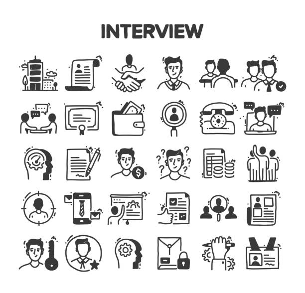 Interview Related Hand Drawn Vector Doodle Icon Set Interview Related Hand Drawn Vector Doodle Icon Set interview event drawings stock illustrations