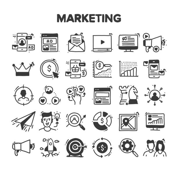 marketingbezogenes handgezeichnetes vektor-doodle-icon-set - newspaper doodle the media line art stock-grafiken, -clipart, -cartoons und -symbole