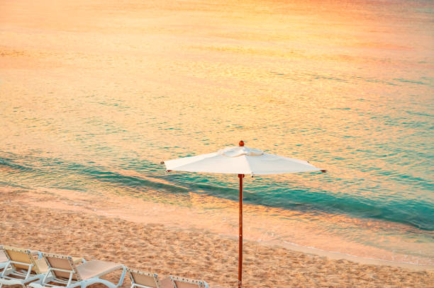 istock beach on the sea with a sun lounger 1353783713