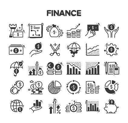 Finance Related Hand Drawn Vector Doodle Icon Set