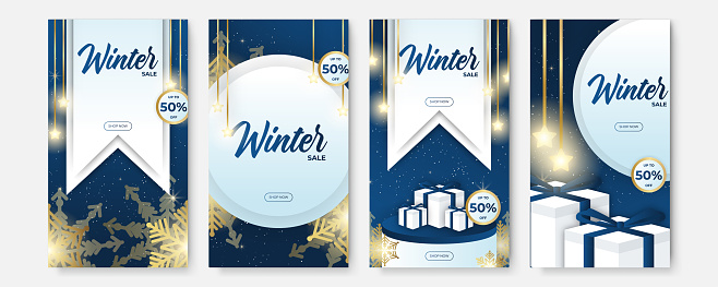 Christmas sale. Winter promotional labels cards advertising special offers season sales. Christmas promotion discount poster. Winter sale, social media promotional content. Vector illustration