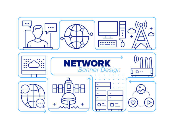 network line icon set und zugehöriger prozess infografik design - netzwerk stecker stock-grafiken, -clipart, -cartoons und -symbole