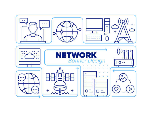 네트워크 라인 아이콘 세트 및 관련 프로세스 인포그래픽 디자인 - network security symbol community computer icon stock illustrations