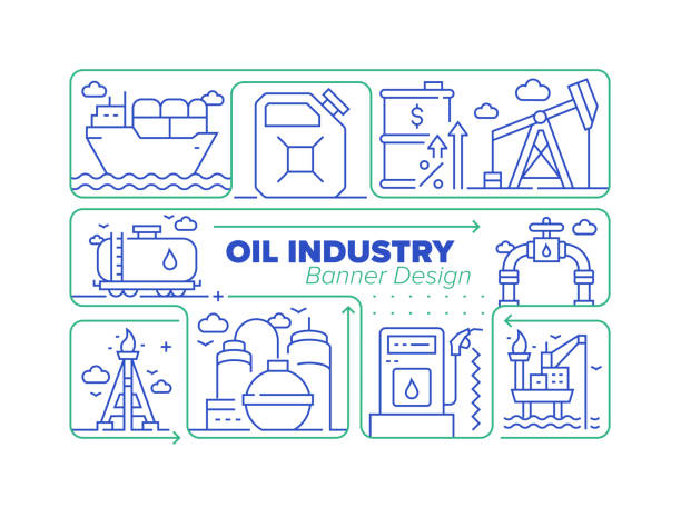 ilustraciones, imágenes clip art, dibujos animados e iconos de stock de conjunto de iconos de línea de la industria petrolera y diseño de infografía de procesos relacionados - oil drum fuel storage tank barrel container