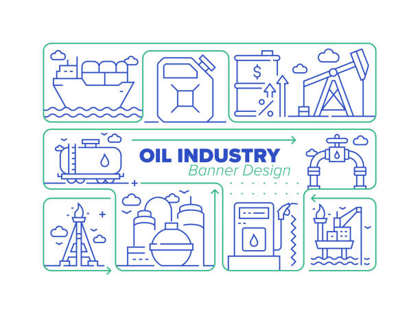 ilustrações de stock, clip art, desenhos animados e ícones de oil industry line icon set and related process infographic design - oil drum barrel fuel storage tank container