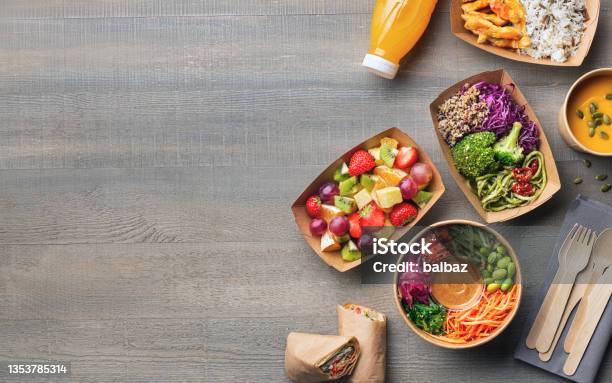 Healthy Take Away Food And Drink In Disposable Eco Friendly Paper Containers Stock Photo - Download Image Now