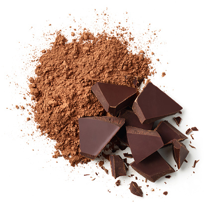 Heap of cocoa powder and chocolate pieces isolated on white background, top view
